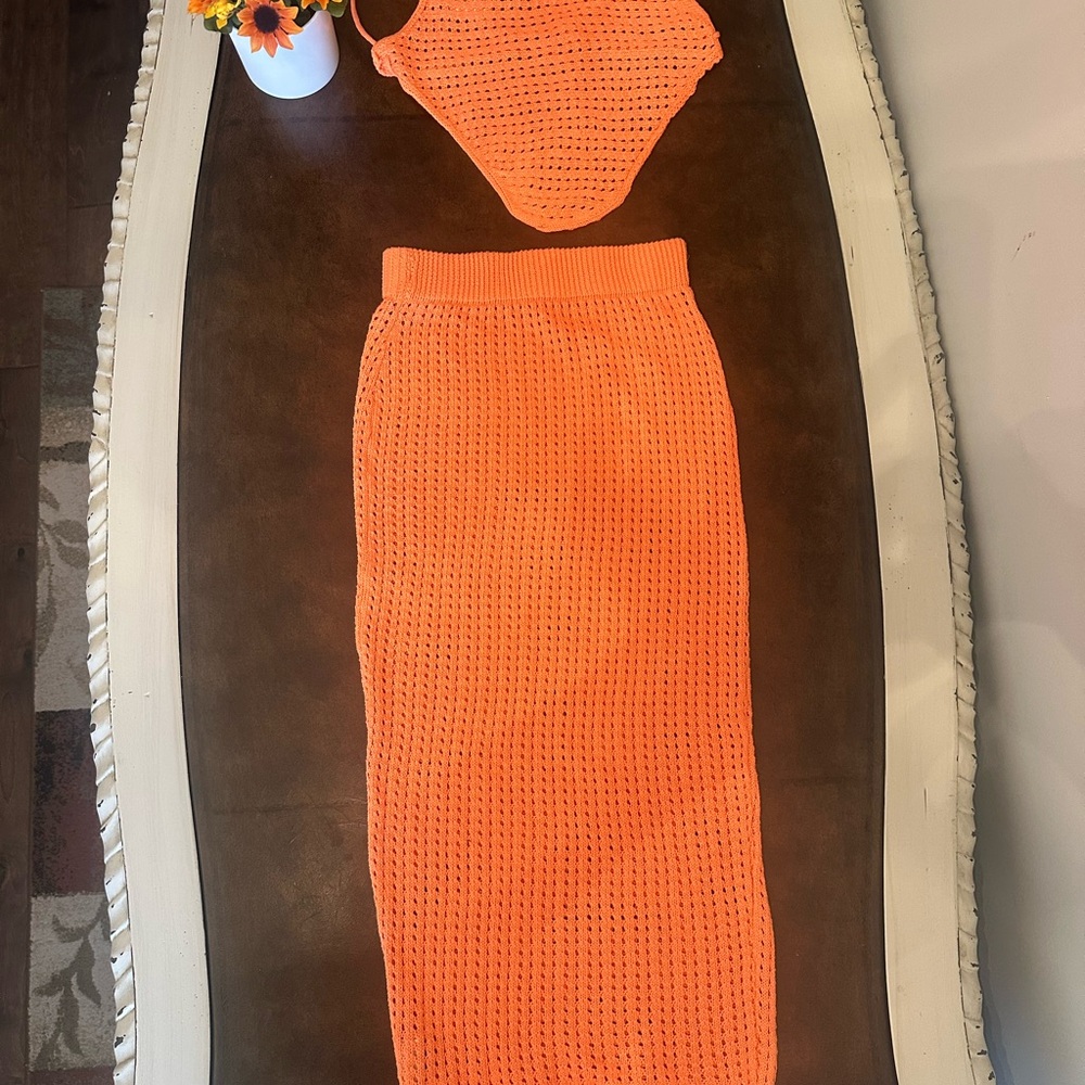 SHEIN Orange Knit Skirt Set